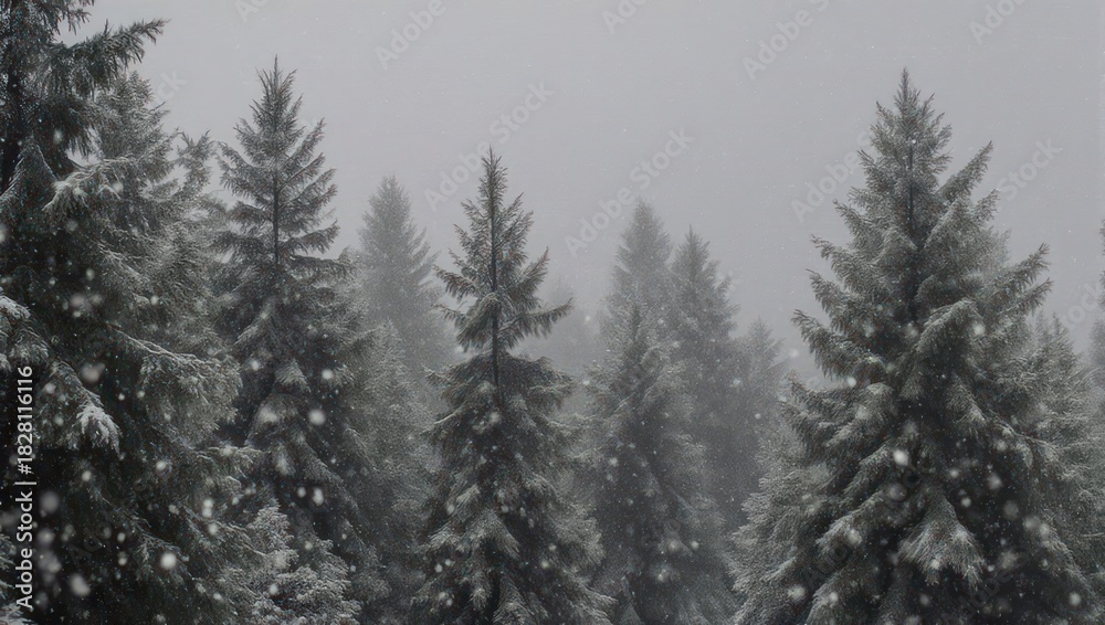 Fototapeta premium Snowy coniferous forest scene with falling flakes and diffused light