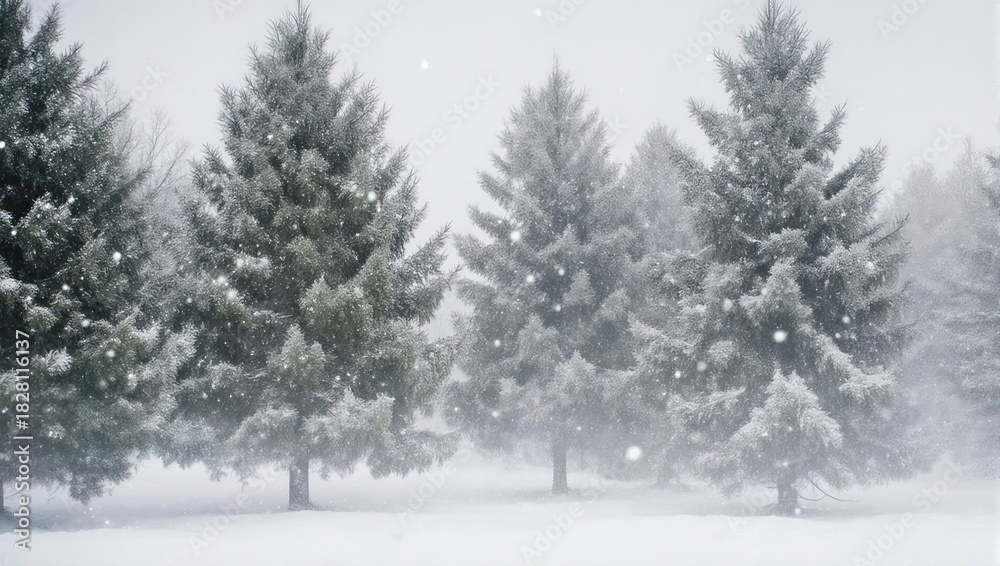 Naklejka premium Winter scene of frosted evergreen trees with falling snowflakes in a snowy landscape