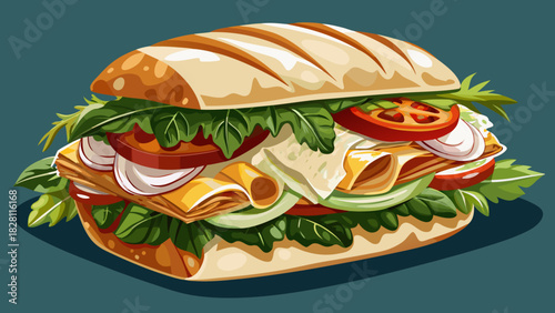 Very beautiful semi-realistic vector illustration of a hearty sandwich made with golden ciabatta, smoky-charred chicken, creamy Brie, and fresh pesto, sliced diagonally to reveal its rich, layered 