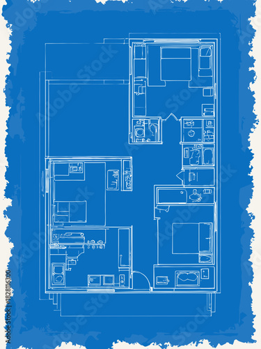 Blueprint floor plan of a modern apartment, architectural sketch style, white lines on blue