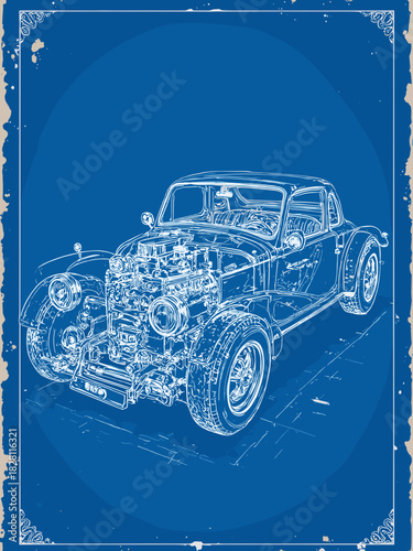 White blueprint schematic of a vintage car engine, technical drawing style on blue background, wireframe