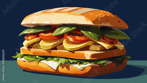 Very beautiful semi-realistic vector illustration of a hearty sandwich made with golden ciabatta, smoky-charred chicken, creamy Brie, and fresh pesto, sliced diagonally to reveal its rich, layered tex