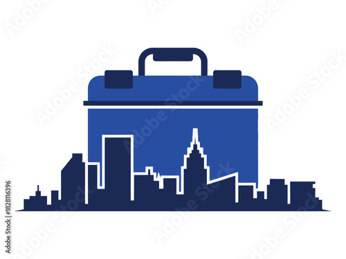 A blue toolbox silhouette sits atop a cityscape, symbolizing urban work and maintenance.