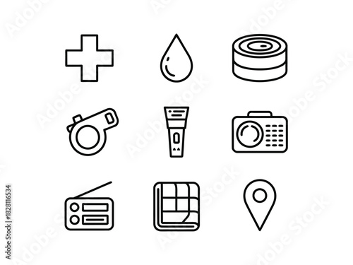 A collection of survival kit icons including a first aid cross, water droplet, canned food, compass, flashlight, camera, radio, map, and location pin.