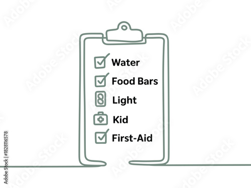 A checklist for survival essentials such as water, food bars, light, and first-aid.