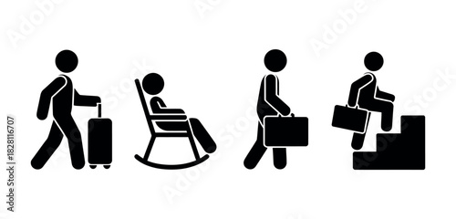 Stick figures illustrate travel, relaxation, and career progression with briefcases.