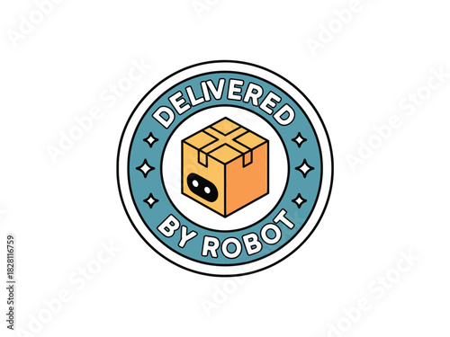 A circular badge features a stylized cardboard box with a friendly robot face inside, signifying delivery by robot.