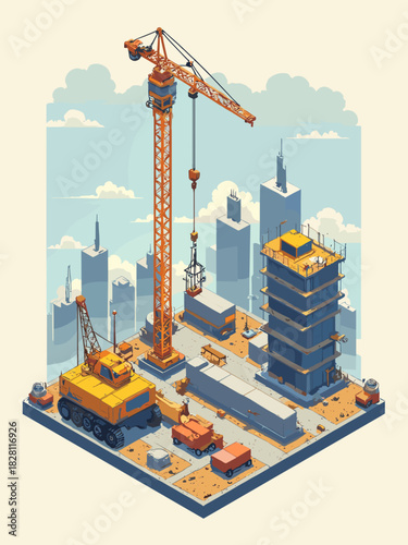 Isometric construction site with crane lifting a steel beam, progress concept, yellow and grey safety colors