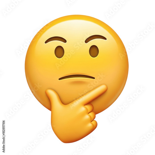 A vibrant yellow thinking emoji face with furrowed brows and eyes looking upper-left, paired with an orange cartoon hand under its chin, on a transparent background, digital illustration. Concept of