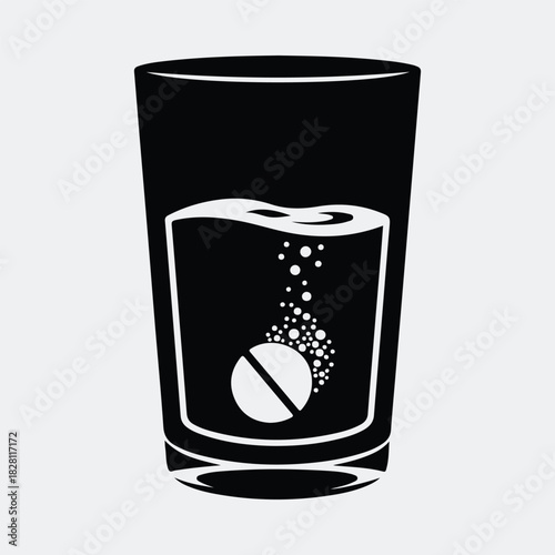 Silhouette effervescent pill dissolves in water glass vector illustration