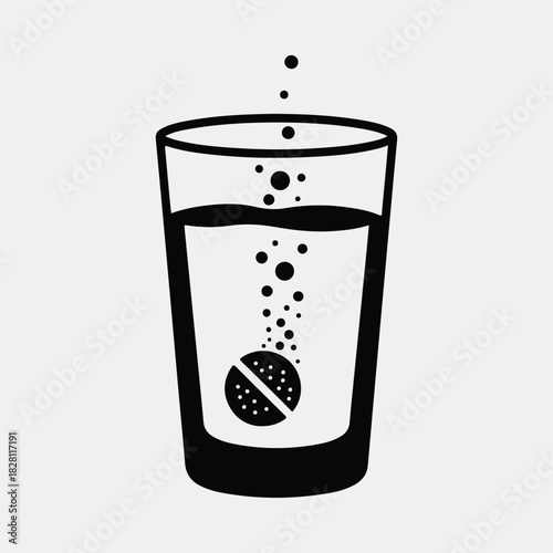 Silhouette effervescent tablet dissolving in glass of water vector illustration