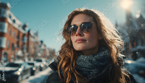 Woman wearing sunglasses and scarf walks down a snowy city street. She is dressed in winter fashion with a black jacket. Buildings and cars line the urban background. Bright sunny day.