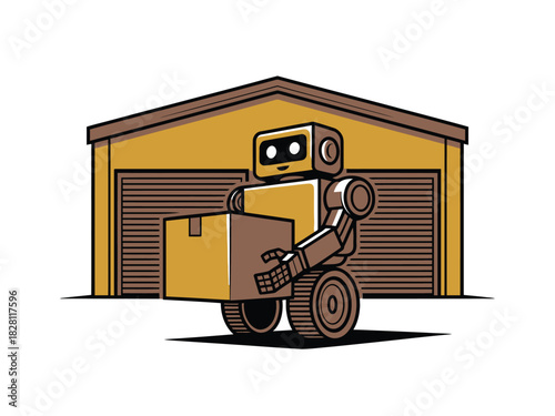 A robot is delivering a package in front of a garage.