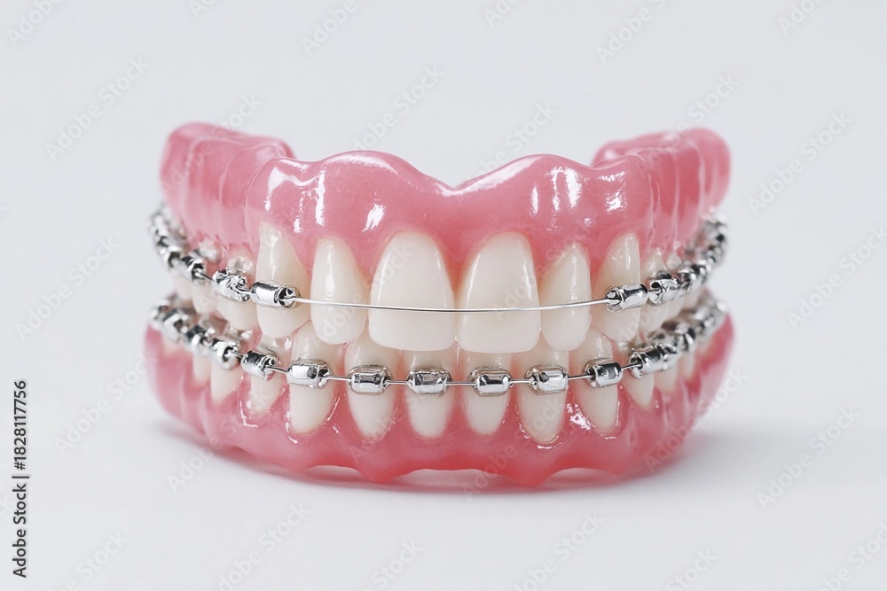 Obraz premium Model of dental braces on a set of teeth used for orthodontic demonstrations and education