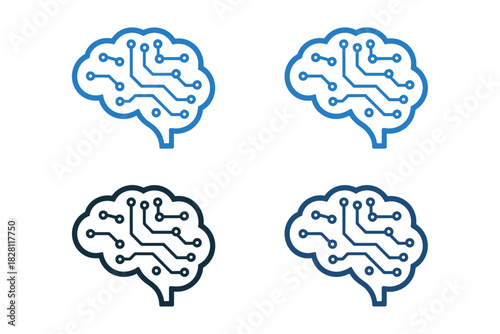 Four brain icons with circuit board patterns in varying shades of blue