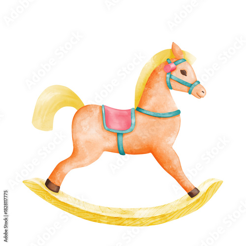 Rocking horse animal with pink saddle and blue bridle isolated on white background. Watercolor hand drawn illustration of children's toy rocking pony in cartoon style for children's cards, educational
