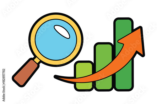 Magnifying glass over a bar graph with an upward trending arrow indicating growth