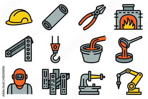 Illustration of industrial tools and equipment including safety gear and metalwork
