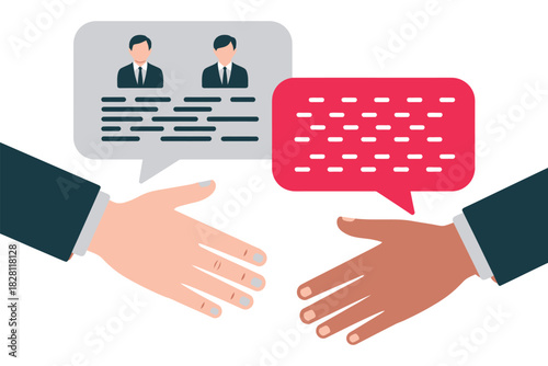 Illustration of two hands reaching to shake with speech bubbles above them