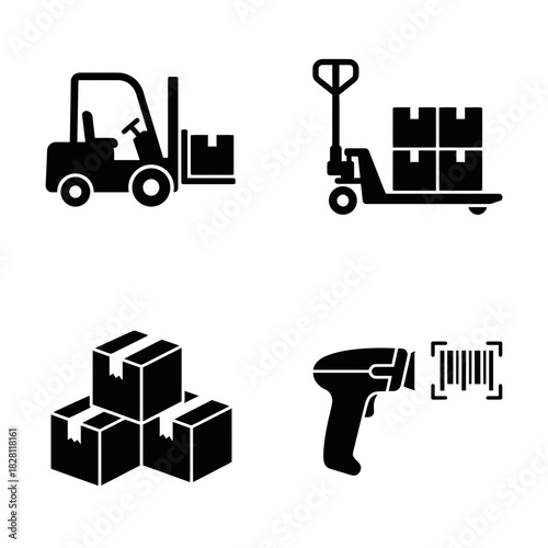 Icon Set of Warehouse Equipment and Packaging  