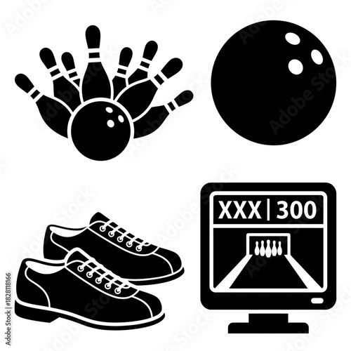 Bowling icon set featuring ball, pins, shoes, and score monitor  