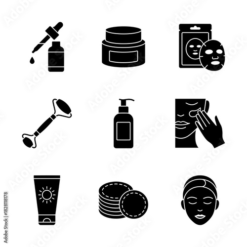 Icon Set of Skincare Products and Tools for Beauty Routine  