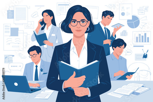 Businesswoman holding a book with colleagues working in the background