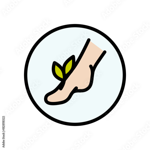 Foot care color icon. Foot hygiene, Healthy feet, Foot treatment, Podiatrist, Podiatry, Pedicure, Organic cosmetics symbol. Vector isolated illustration.