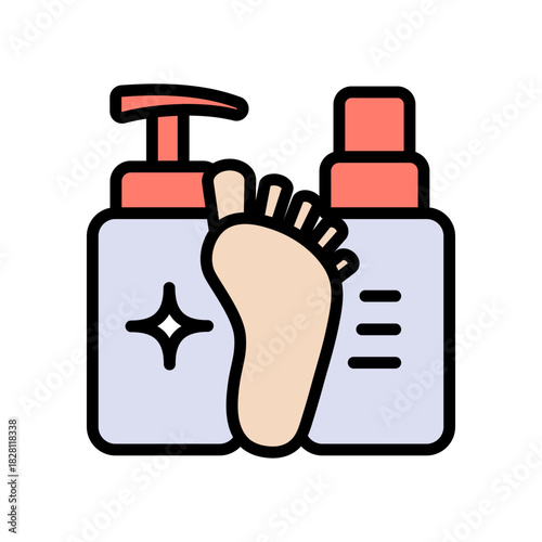 Foot cream, Foot hygiene, Healthy feet, Foot treatment, Podiatrist, Podiatry icons, Pedicure, Massage foot icon. Foot care icon. Color vector illustration.