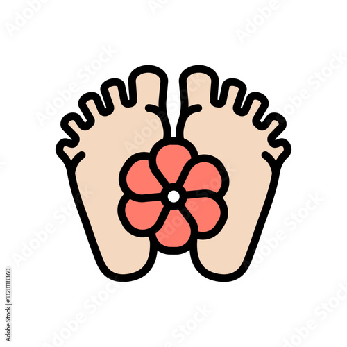 Feet and flower color icon. Foot hygiene, Healthy feet, Foot treatment, Podiatrist, Podiatry, Pedicure, Foot care, Massage foot, Organic cosmetics symbol. Vector isolated illustration.
