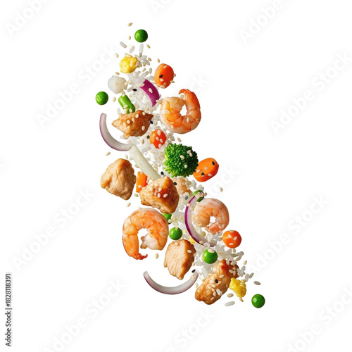 Asian Cuisine with Shrimp Chicken Rice and Vegetables