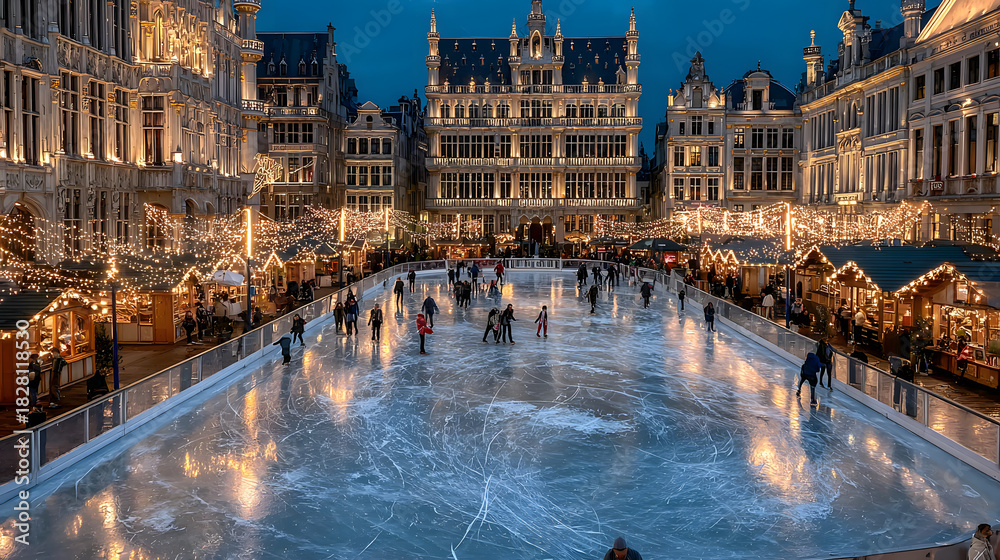 Obraz premium Frozen Ice Skating Rink in Brussels Grand Place at Winter Wonders Christmas Market Evening View