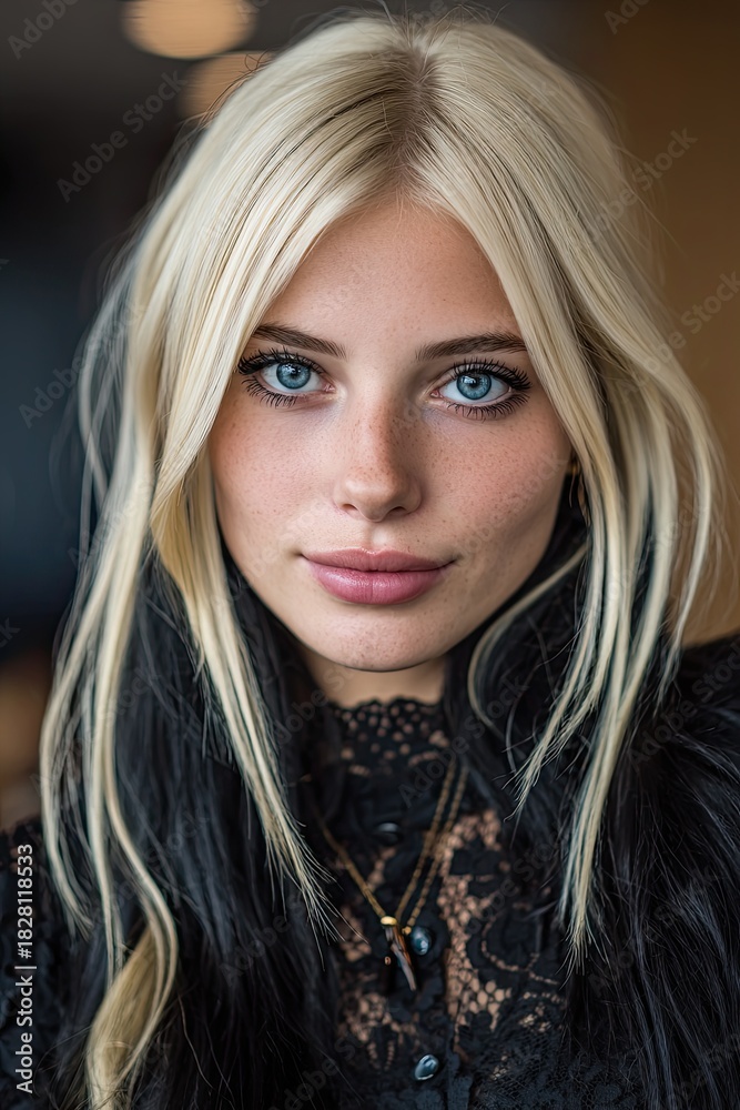 Naklejka premium A woman with blonde hair and blue eyes is wearing a black lace top. She has a pretty smile on her face