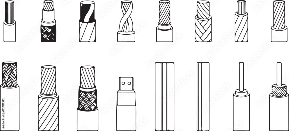 Naklejka premium Collection of wire and cable cross-sections and types, line art illustration