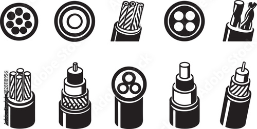 Collection of electrical and network cable icons in black and white vector format