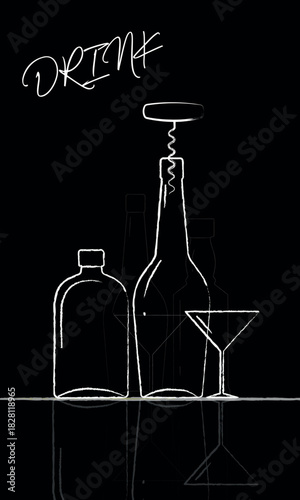 Drinks, restaurant banner, alcohol menu, wine list, black background, white marker drawing, chalk drawing, hand-drawn outline, realistic texture. Wine bar poster, sommelier, wine bottle, cognac