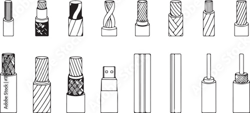 Collection of wire and cable cross-sections and types, line art illustration