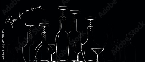 Restaurant poster, bar banner, alcohol sales, menu, drawing of alcohol bottles, glasses, and a corkscrew on a black background. Black chalkboard, hand-drawn line art, tasting, cognac, brandy, red wine
