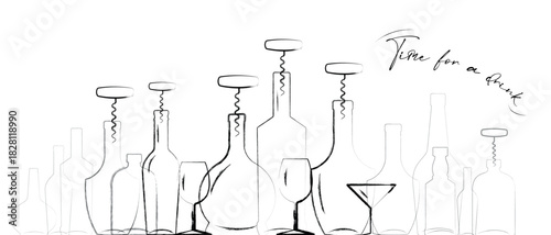 Time for a drink, bar poster, restaurant banner, alcohol menu, wine bottle outline, glasses, hand-drawn line art, brush, marker. Wine list, sommelier, chardonnay, cognac, whiskey, merlot, drinks