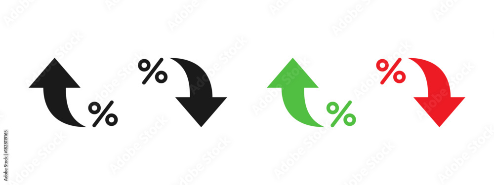 Naklejka premium Percent arrow icon. Curved up and down arrows with percent signs showing growth and decline vector illustration. Market rate changes, finance trend analysis and economic data movement sign.