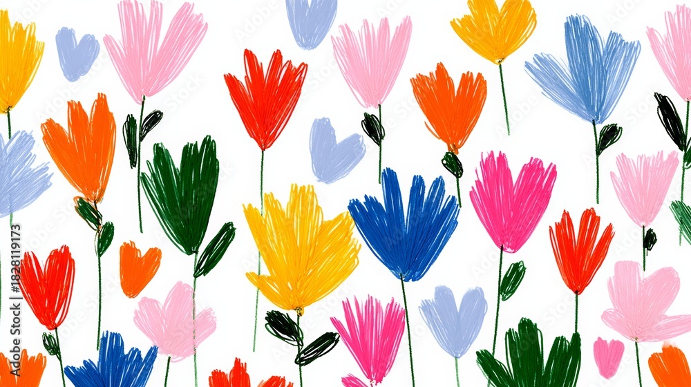 Obraz premium Colorful drawing of flowers with hearts in the middle. The flowers are in various colors and sizes, and the hearts are scattered throughout the drawing. Scene is cheerful and vibrant
