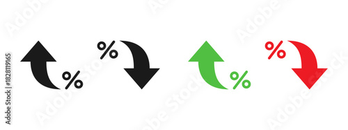 Percent arrow icon. Curved up and down arrows with percent signs showing growth and decline vector illustration. Market rate changes, finance trend analysis and economic data movement sign.