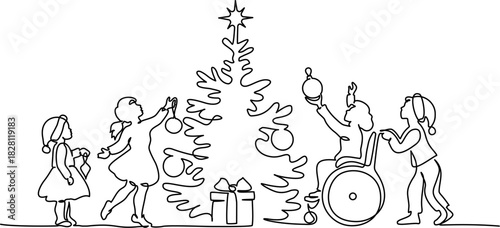 Child in wheelchair decorates a Christmas tree together with friend.