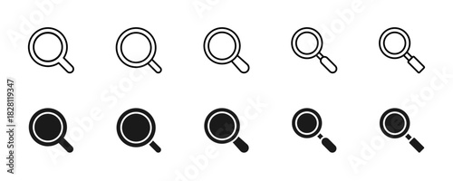 Search icon. Magnifier lens variations for zoom, find and explore vector illustration. Useful for inspection tasks, data analysis, content discovery and view tools sign. Clean UI pictogram.