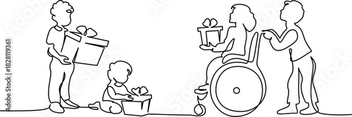 Vector illustration of a boy giving a present to a little disabled girl in a wheelchair.