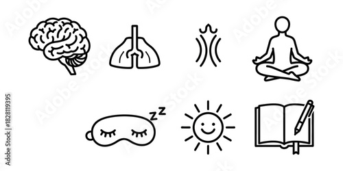Self-Care Icon Collection. A series of thin line icons focused on well-being, stress management, and improving quality of life.