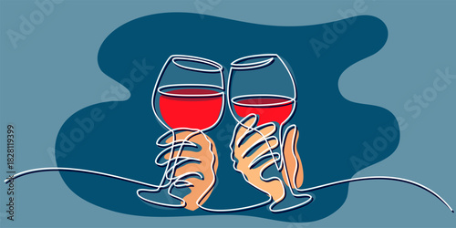 Wine glasses clinking cheers. Continuous one line drawing.