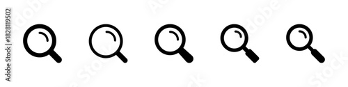 Search icon. Bold magnifier silhouettes for zoom, find and inspect vector illustration. Useful for content discovery, object detection, data analysis and detailed view tasks sign.