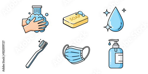 Disease Prevention and Sanitation Icons. A set of cartoon-style icons about the importance of personal hygiene.