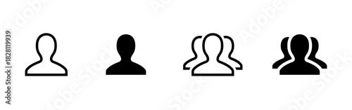 User icon. Simple human silhouette marks a person profile vector. Group and team variants show community roles and social audience identity concept pictogram.